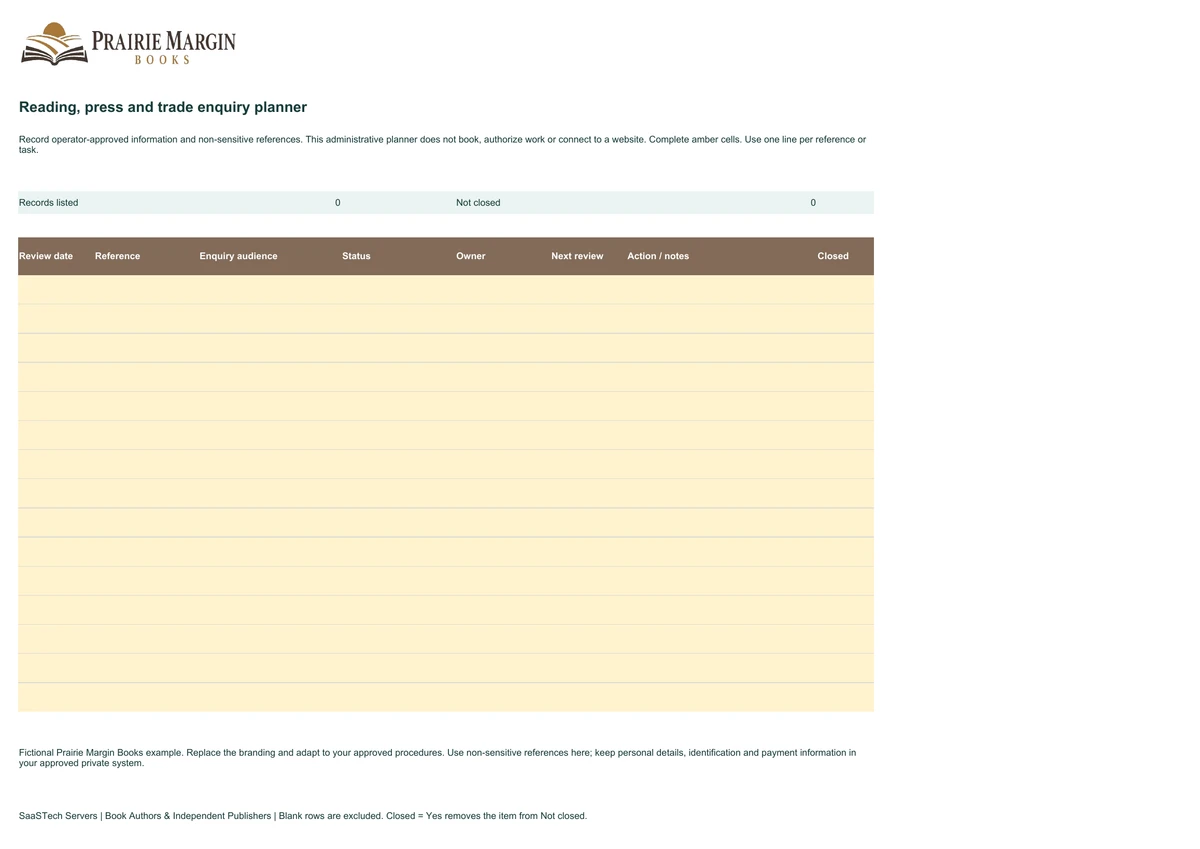 Reading, press and trade enquiry planner