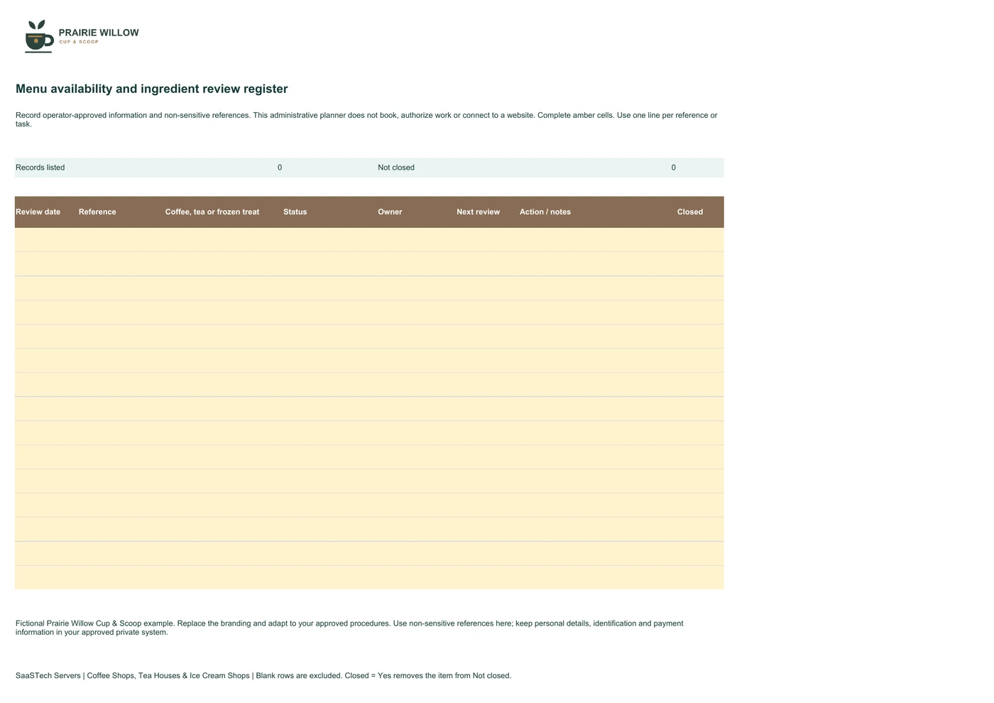 Menu availability and ingredient review register