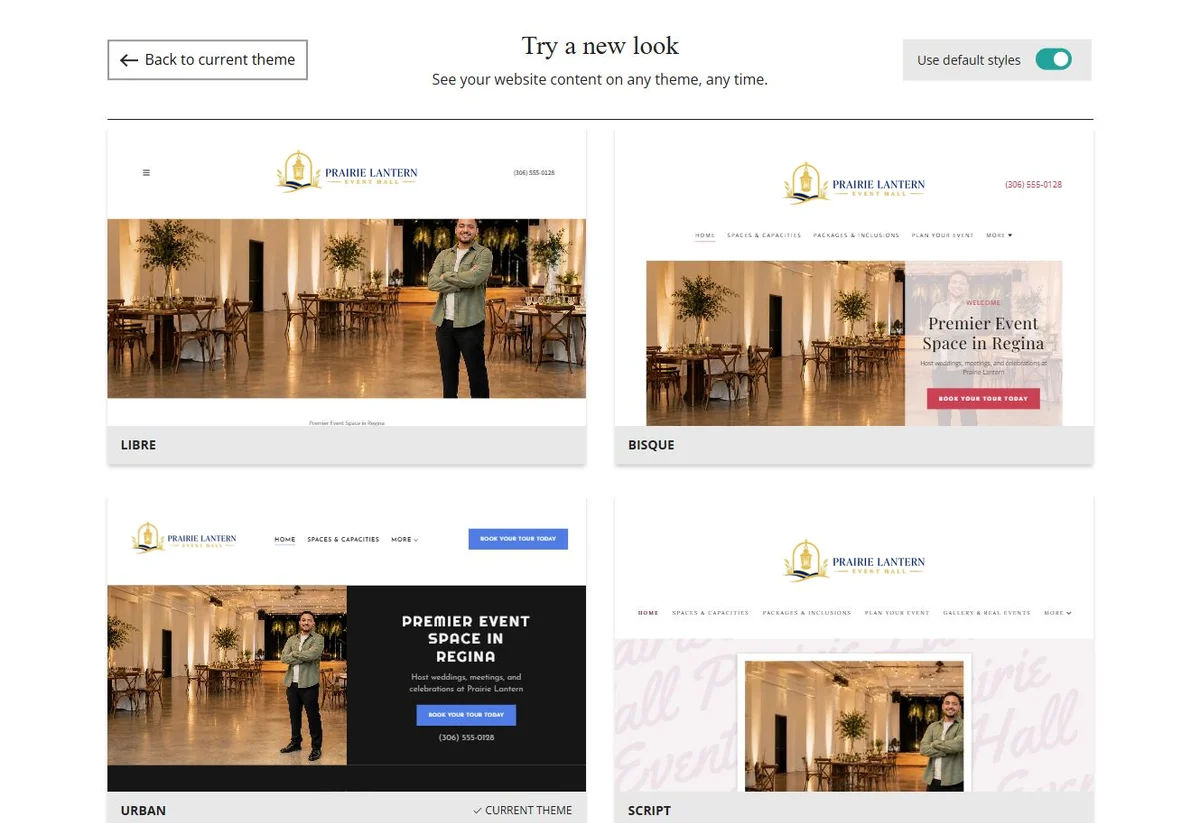 Website Builder default-style theme previews for Prairie Lantern Event Hall, group 2