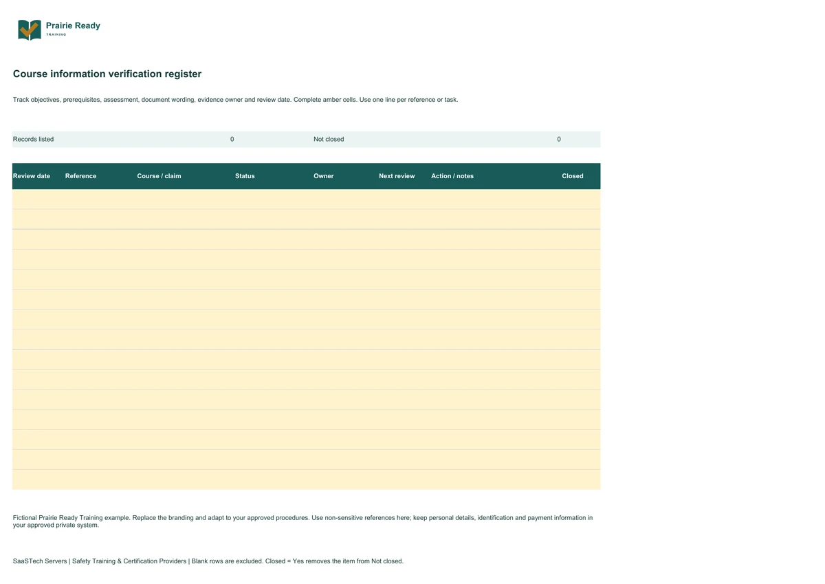 Course information verification register