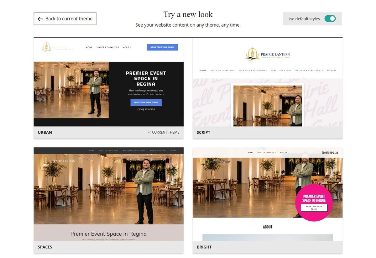 Website Builder default-style theme previews for Prairie Lantern Event Hall, group 3