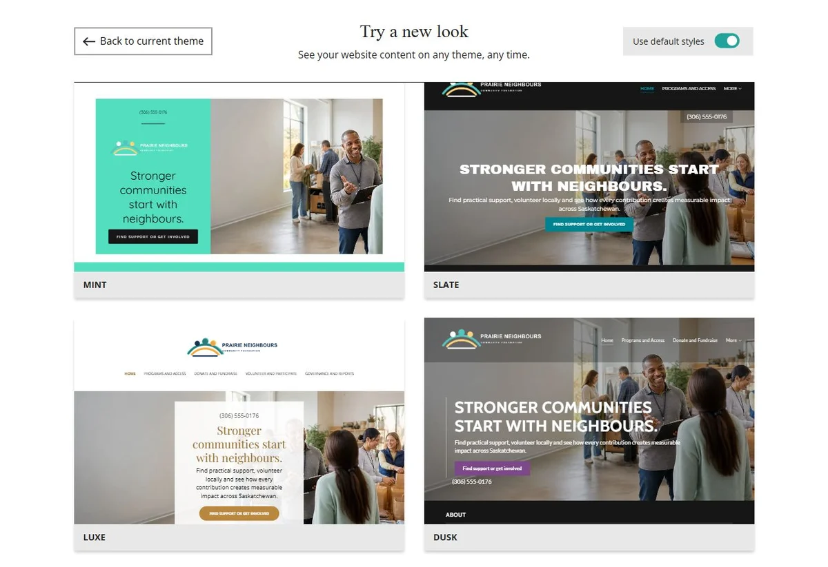 Website Builder theme previews for Prairie Neighbours using default styles, group 8