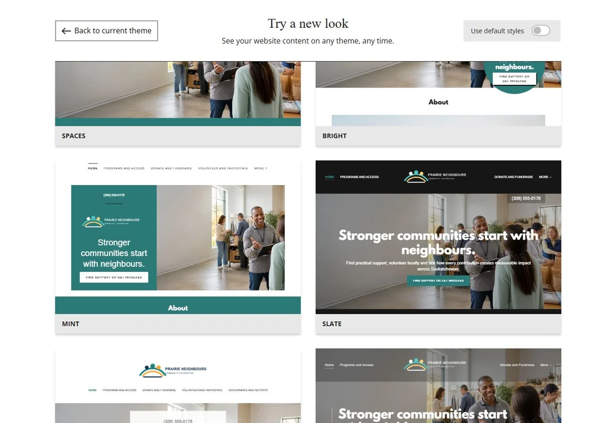 Website Builder theme previews for Prairie Neighbours using its chosen colours, group 7