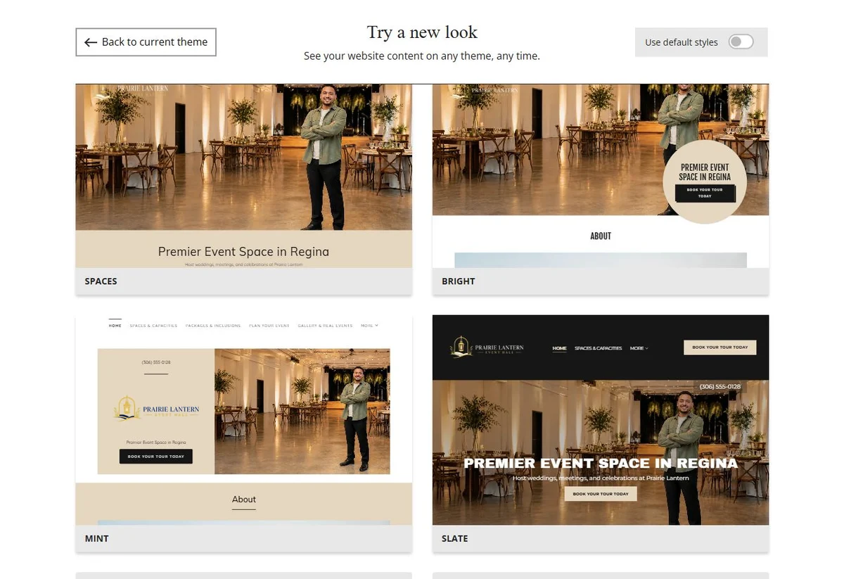 Website Builder theme previews for Prairie Lantern Event Hall, chosen-colour group 4
