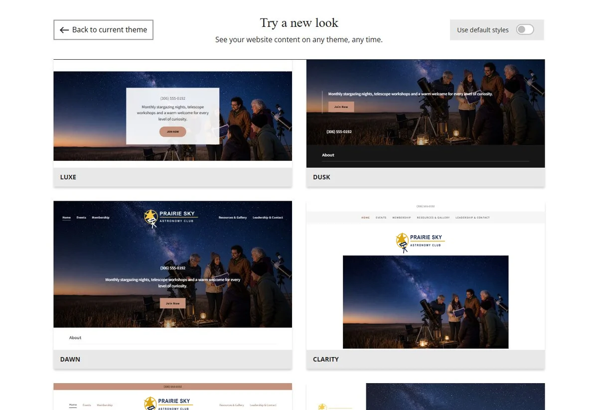 Website Builder theme previews for Prairie Sky Astronomy Club using its chosen colours, group 6