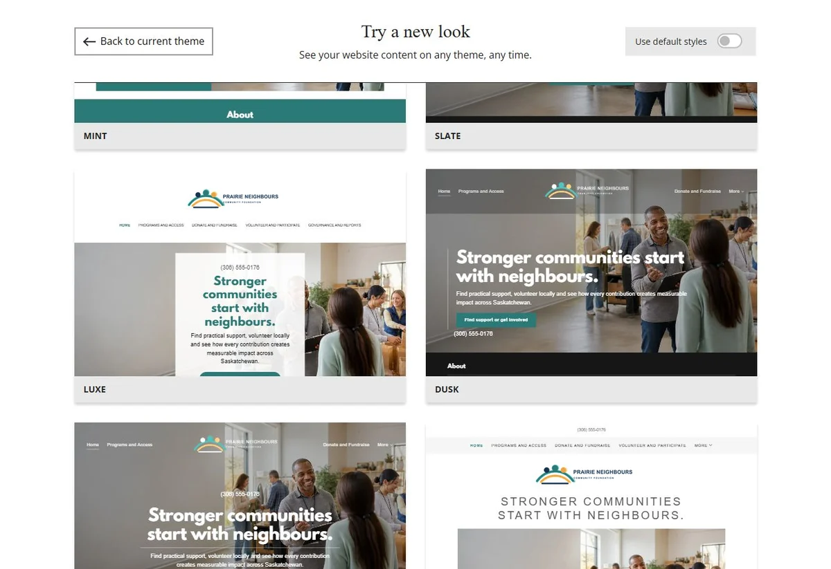 Website Builder theme previews for Prairie Neighbours using its chosen colours, group 9