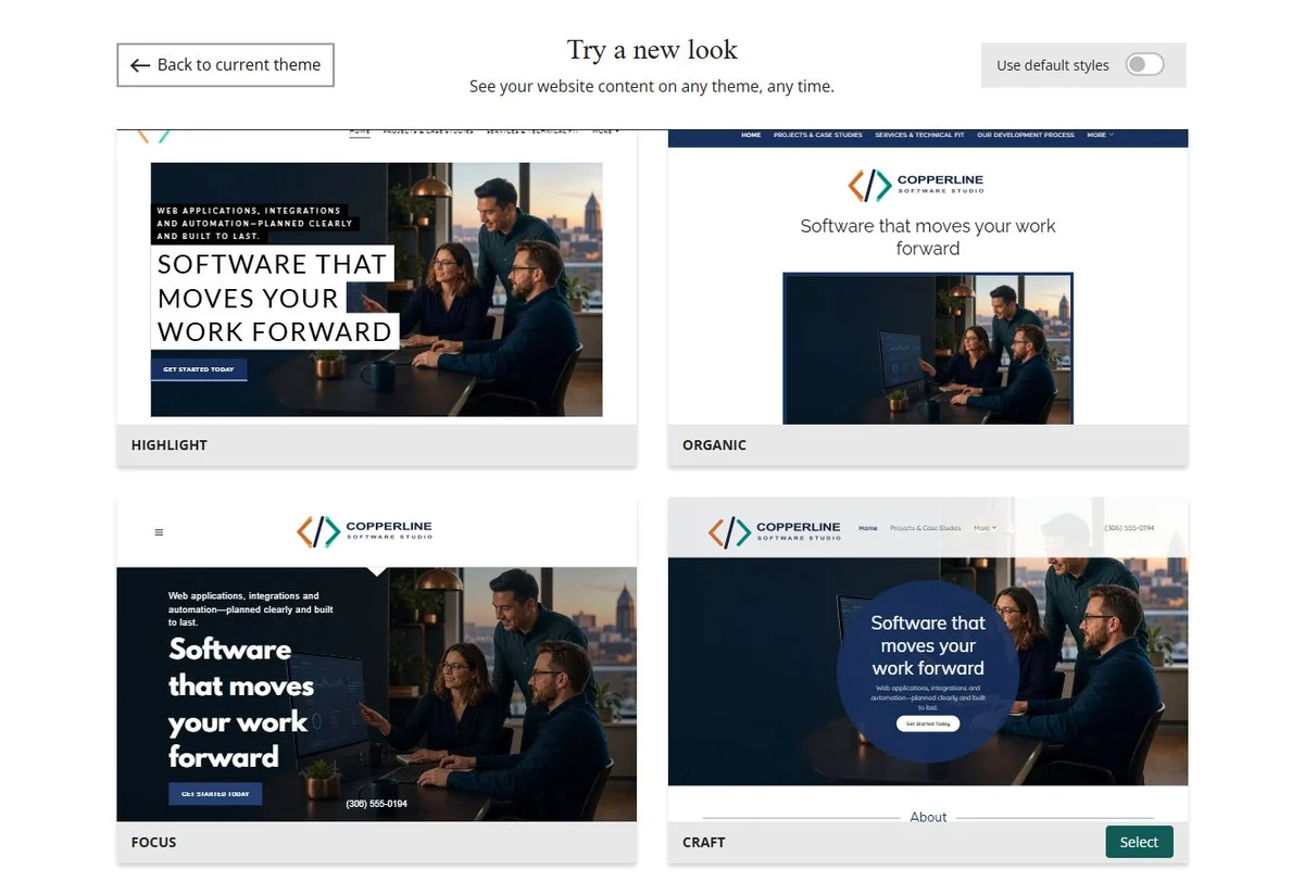 Website Builder chosen-colour theme previews for Copperline Software Studio, group 7