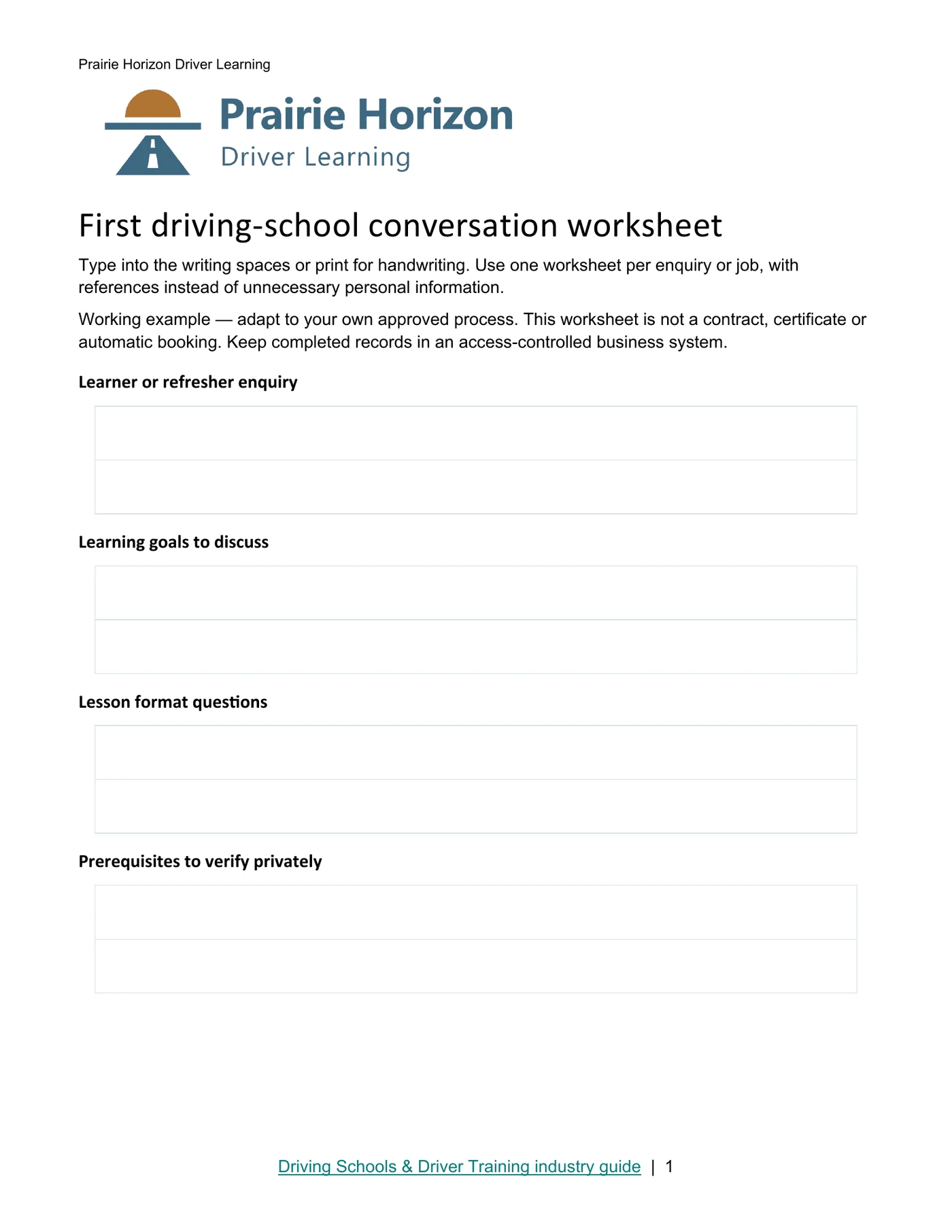 First driving-school conversation worksheet · Page 1