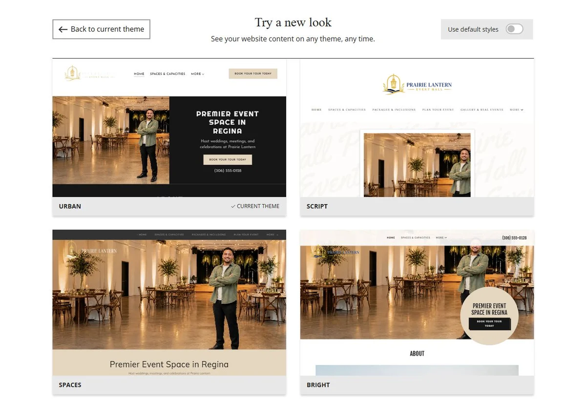 Website Builder theme previews for Prairie Lantern Event Hall, chosen-colour group 3