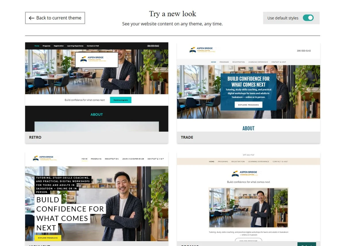 Website Builder theme previews for Aspen Bridge Learning Centre using default styles, group 6