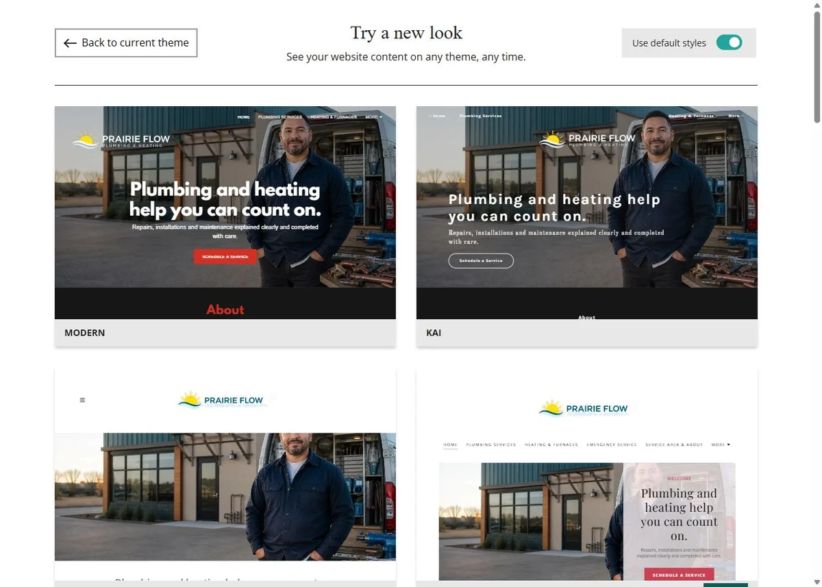 Prairie Flow default-style theme previews, set 1
