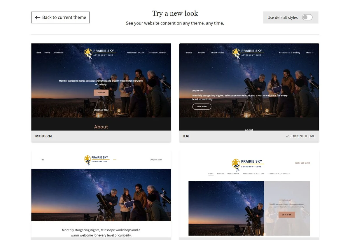 Website Builder theme previews for Prairie Sky Astronomy Club using its chosen colours, group 1