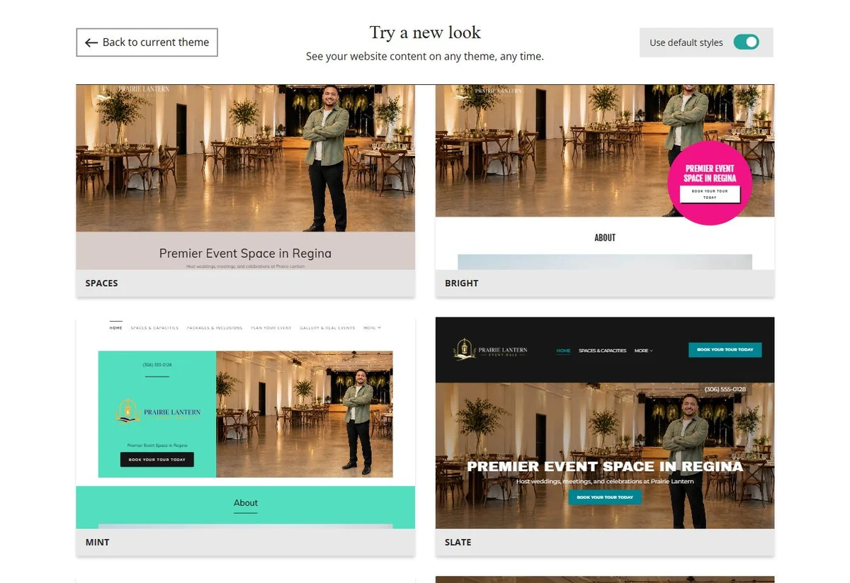 Website Builder default-style theme previews for Prairie Lantern Event Hall, group 4