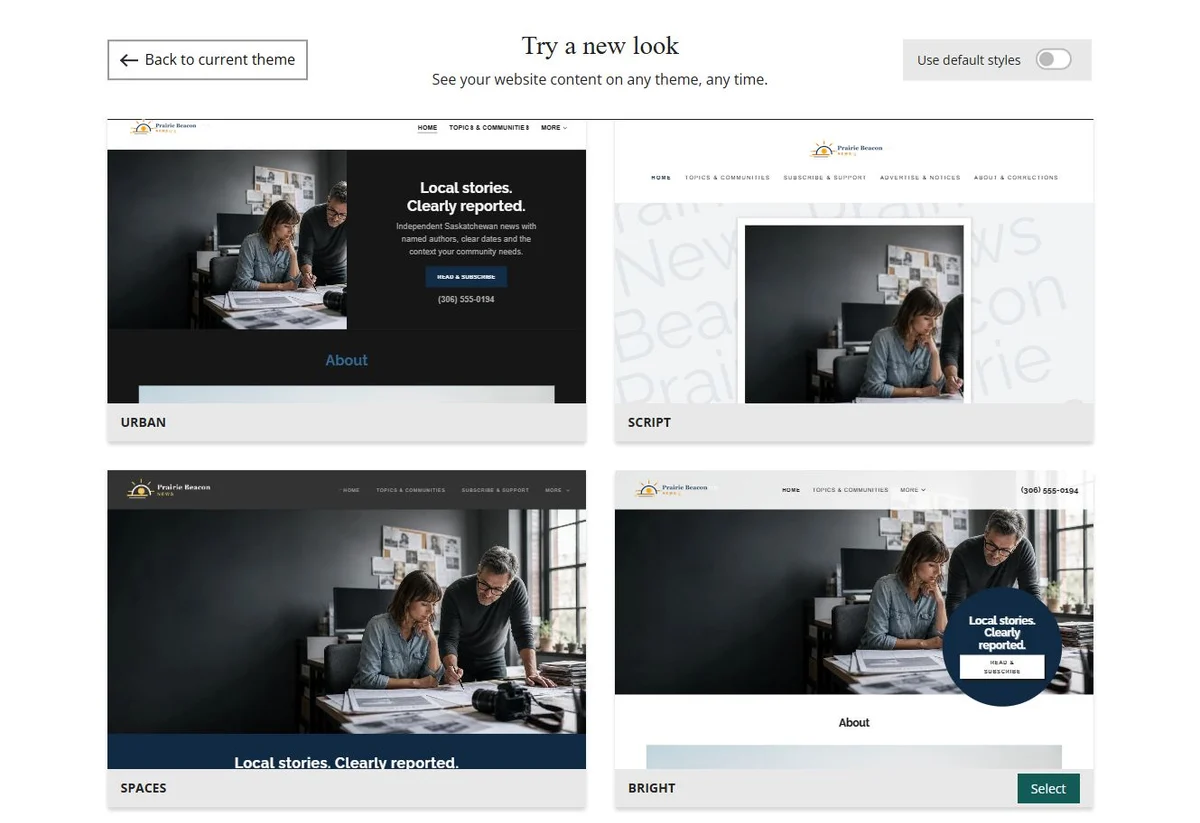 Website Builder theme previews for Prairie Beacon News using its chosen colours, group 3