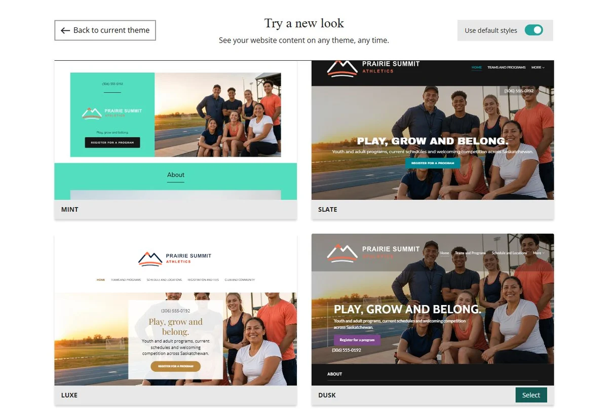 Website Builder theme previews for Prairie Summit Athletics using default styles, group 5