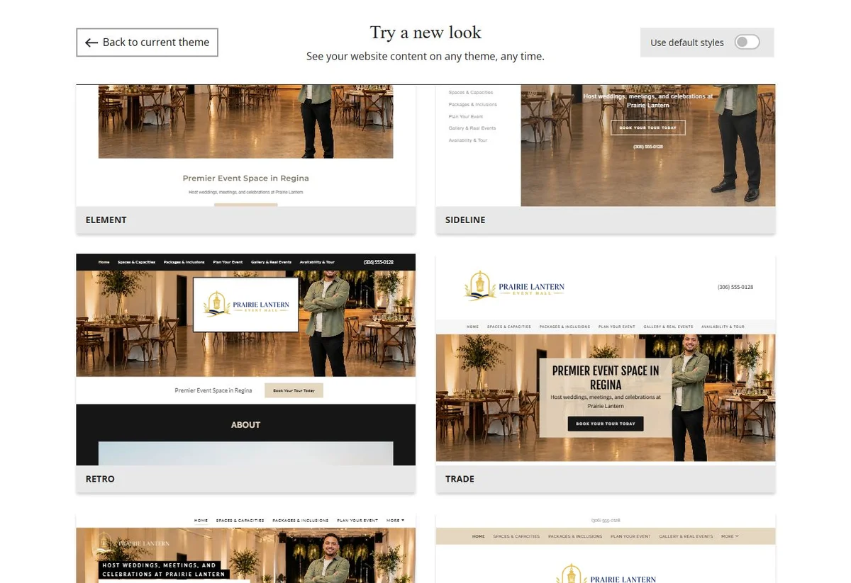 Website Builder theme previews for Prairie Lantern Event Hall, chosen-colour group 8