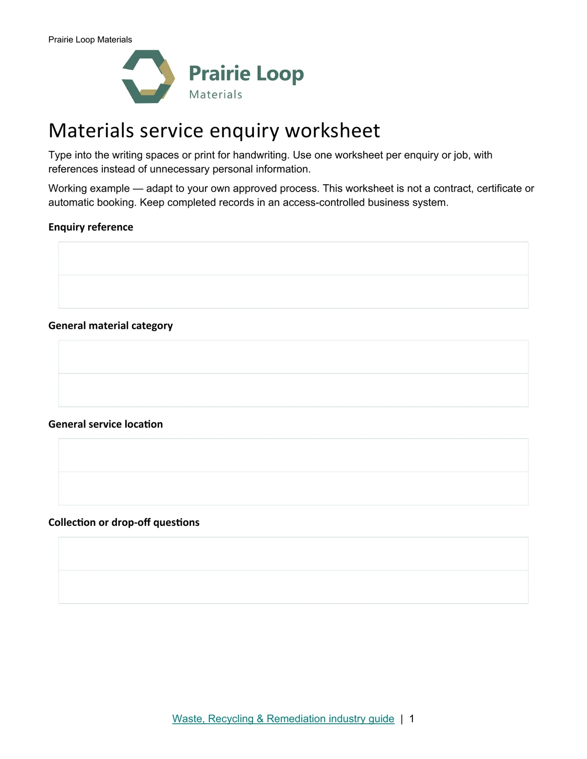 Materials service enquiry worksheet · Page 1