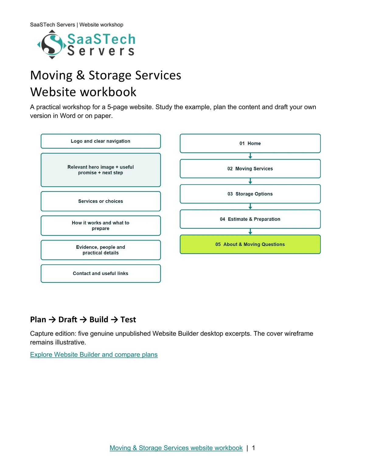 Moving & Storage Services website workbook cover