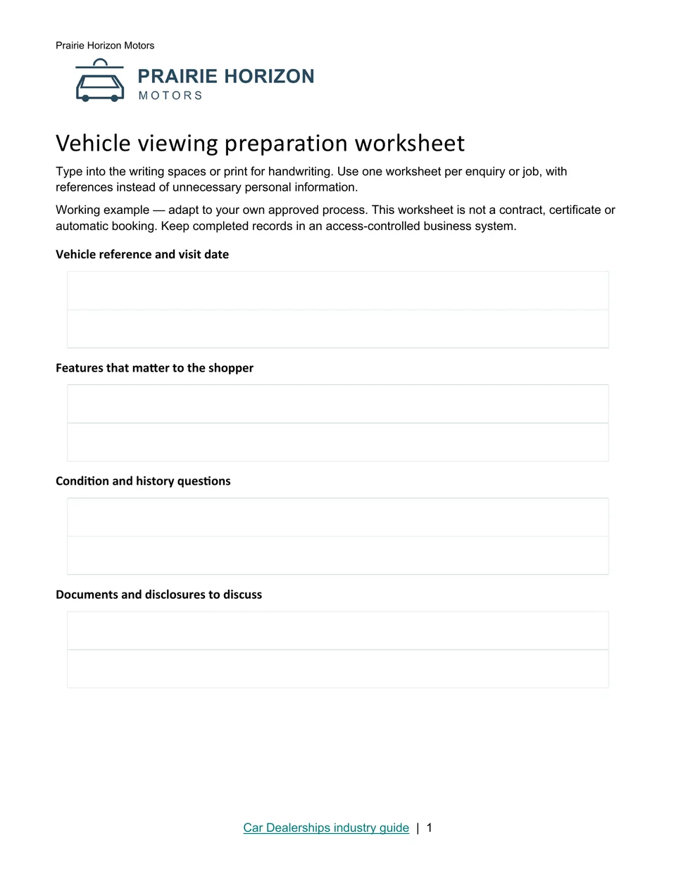 Vehicle viewing preparation worksheet · Page 1