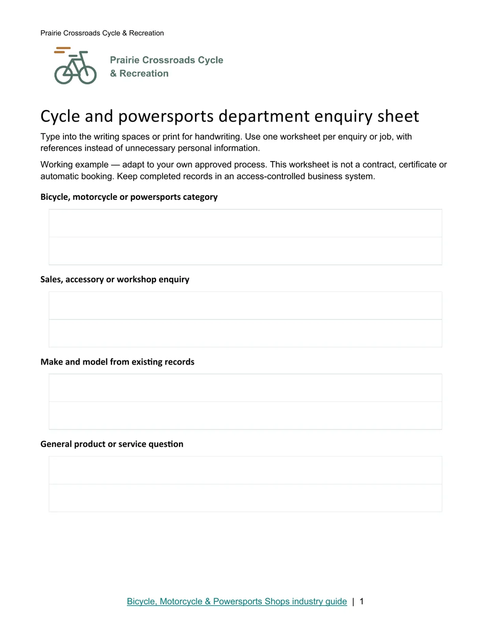 Cycle and powersports department enquiry sheet · Page 1