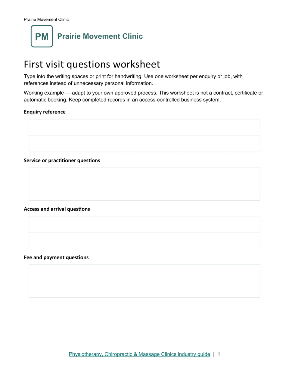First visit questions worksheet · Page 1