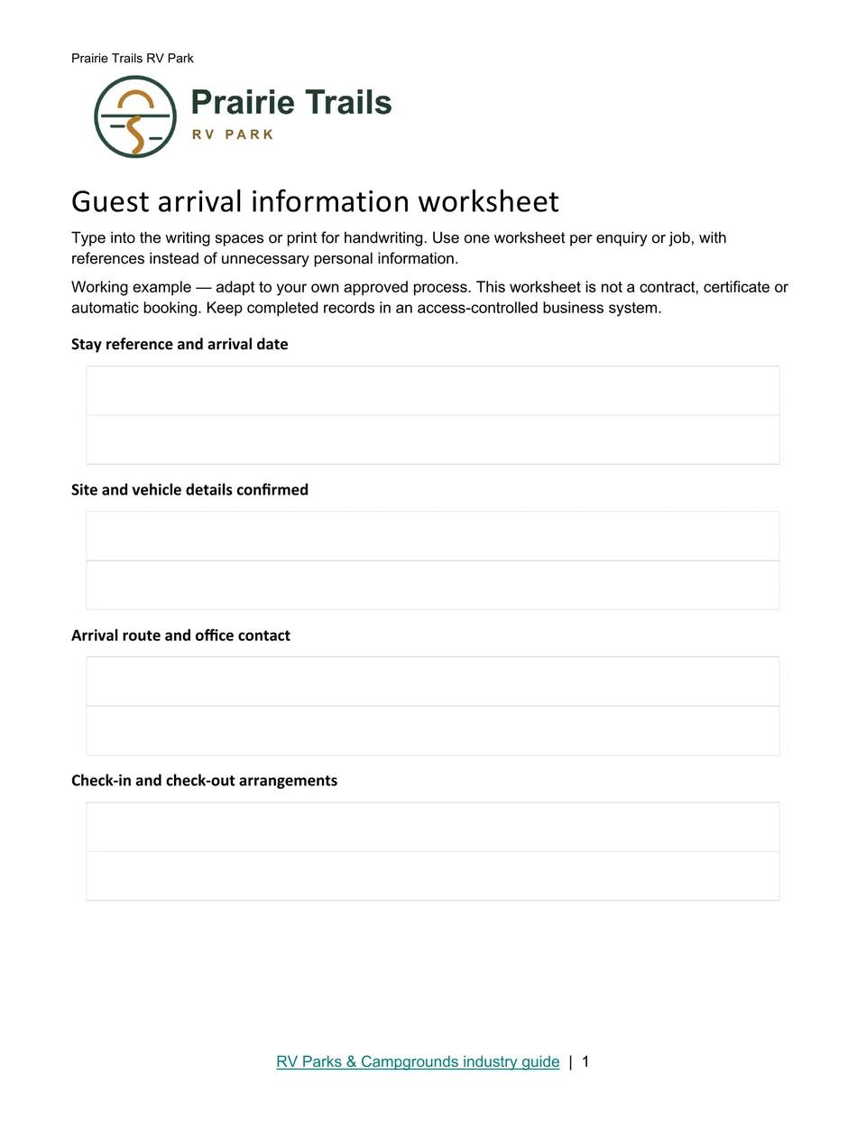 Guest arrival information worksheet · Page 1