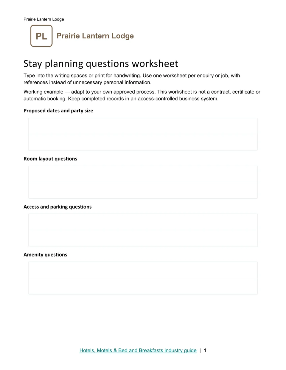 Stay planning questions worksheet · Page 1