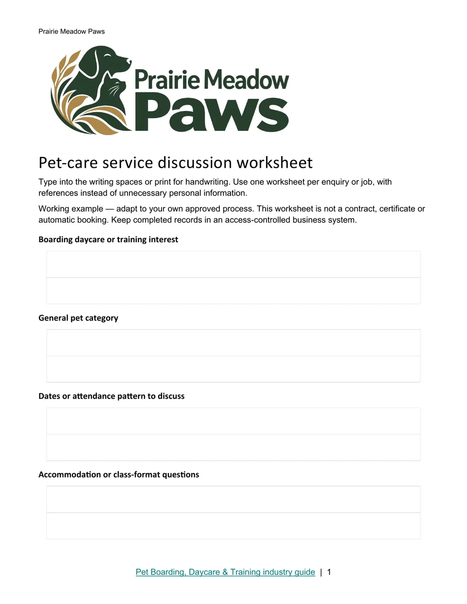 Pet-care service discussion worksheet · Page 1