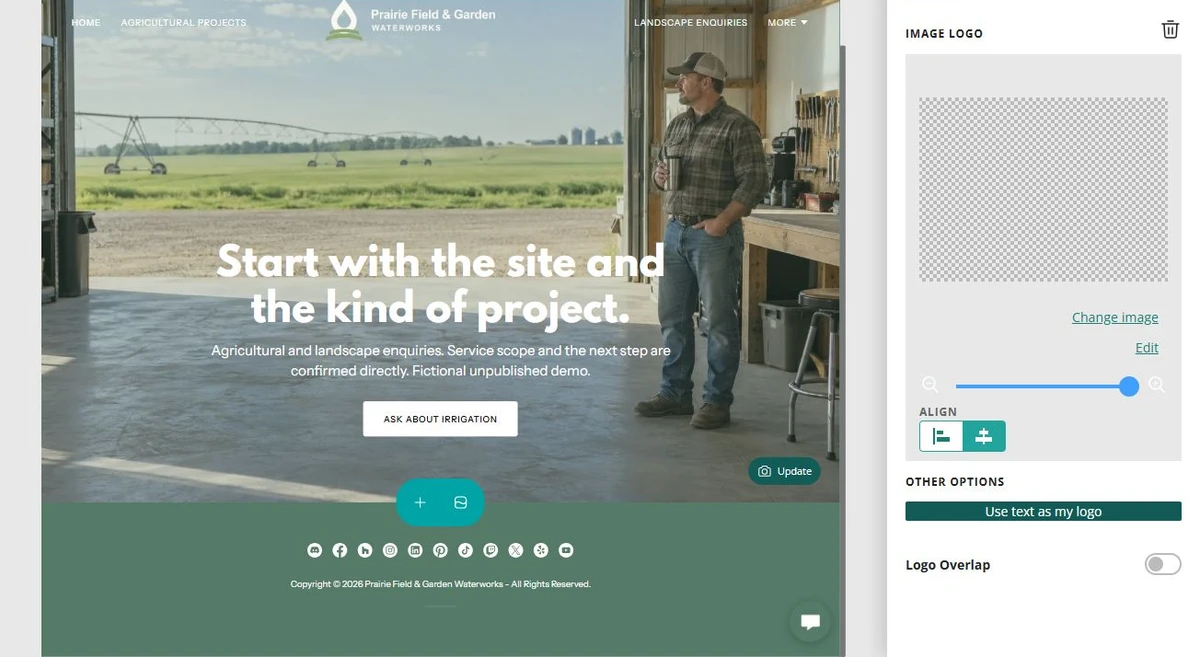 Prairie Field & Garden Waterworks · Largest logo setting — privacy-cropped excerpt
