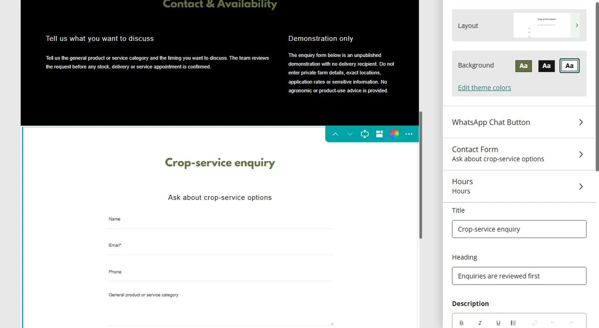 Prairie Acre · Crop-service enquiry form — privacy-cropped excerpt