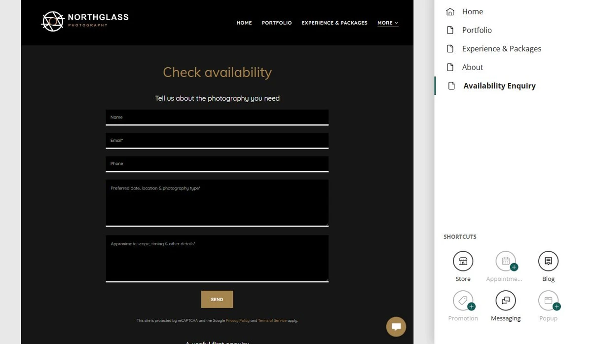 Website Builder page organizer for the Northglass Photography site — privacy-cropped excerpt