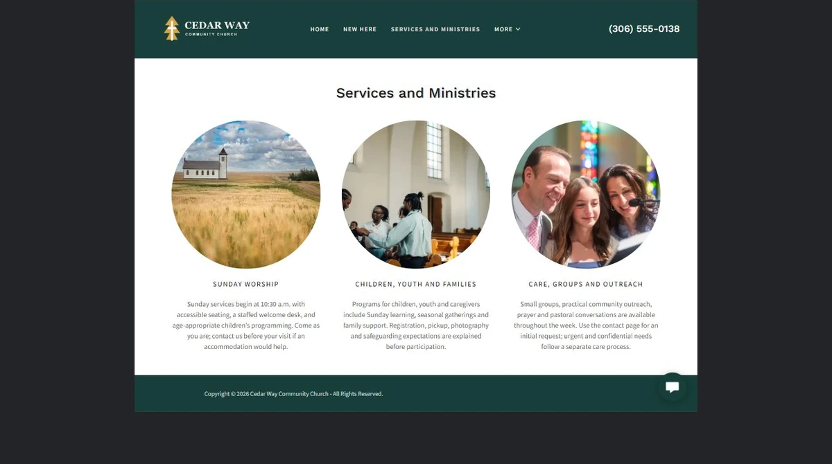 Finished Services and ministries example — privacy-cropped excerpt