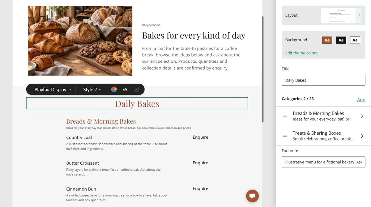Organize a bakery menu — privacy-cropped excerpt