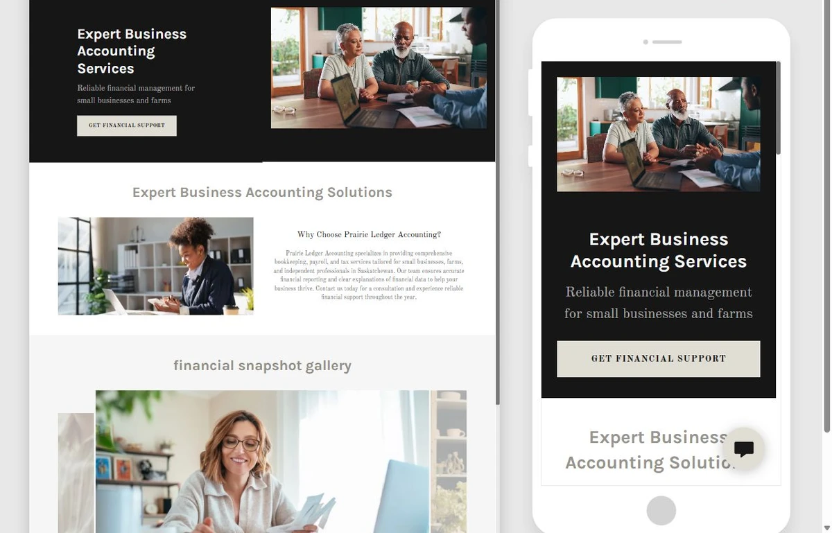 The original generated Prairie Ledger Accounting website shown in desktop and mobile previews — privacy-cropped excerpt