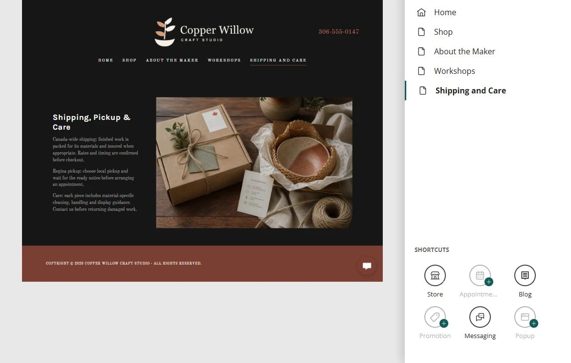Organize the customer journey for Copper Willow Craft Studio in Website Builder — privacy-cropped excerpt