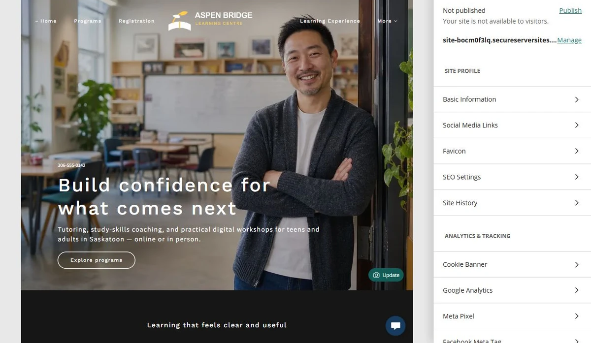 Website Builder editor showing the Aspen Bridge home page — privacy-cropped excerpt