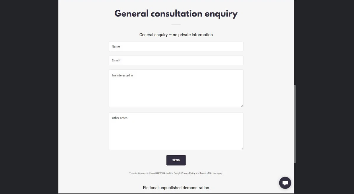 General consultation enquiry · Desktop — privacy-cropped excerpt