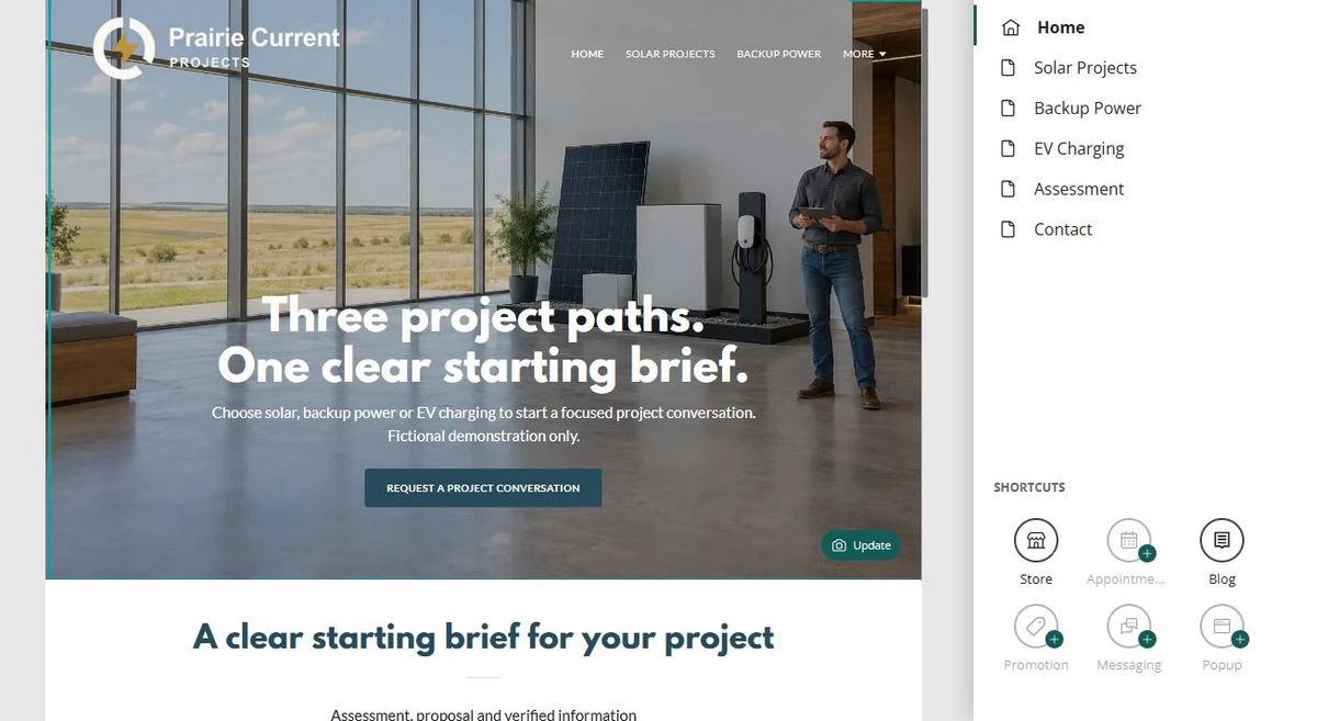Energy projects · Six-page navigation — privacy-cropped excerpt