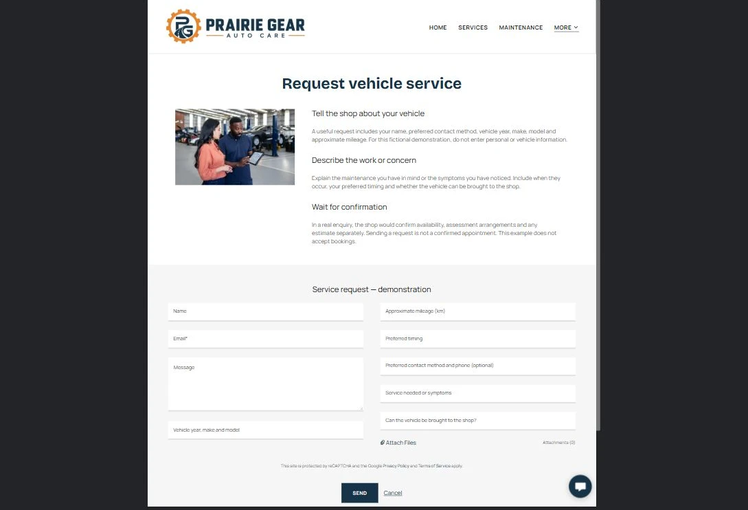 Service enquiry fields — privacy-cropped excerpt