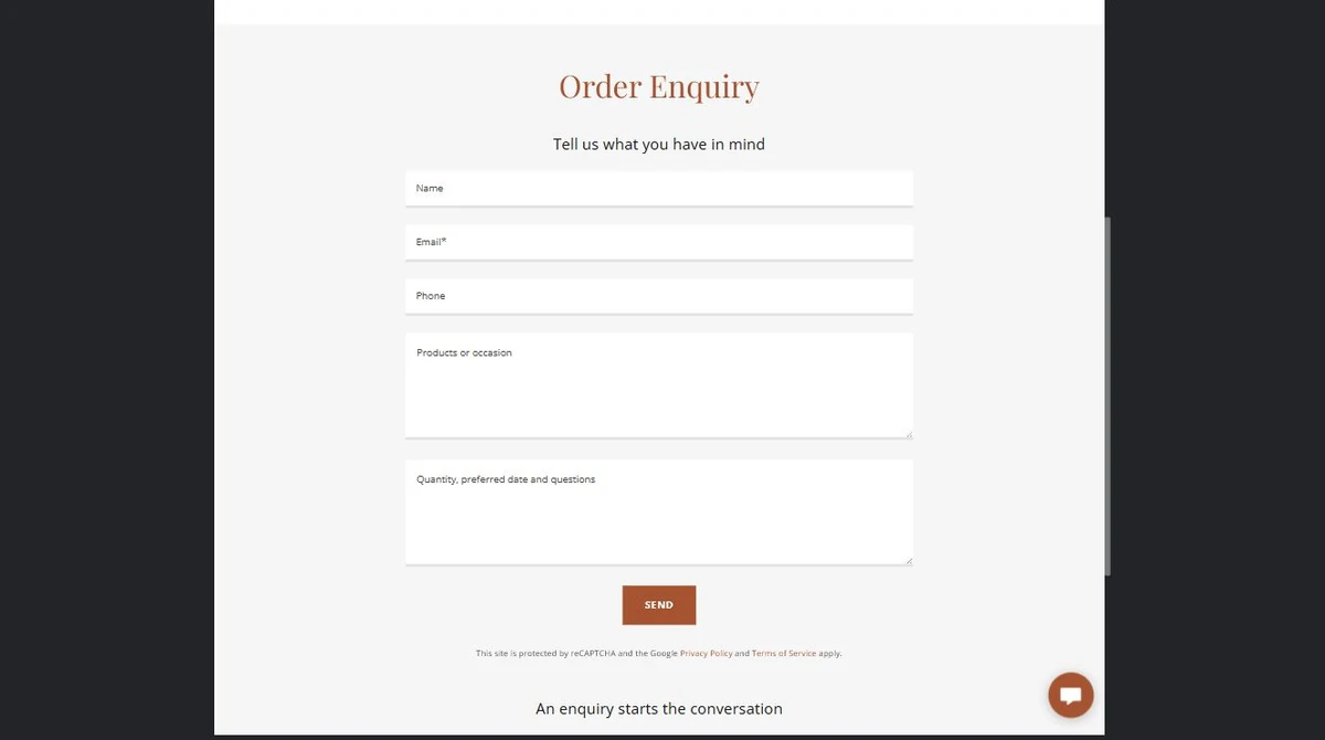 The customer enquiry form — privacy-cropped excerpt