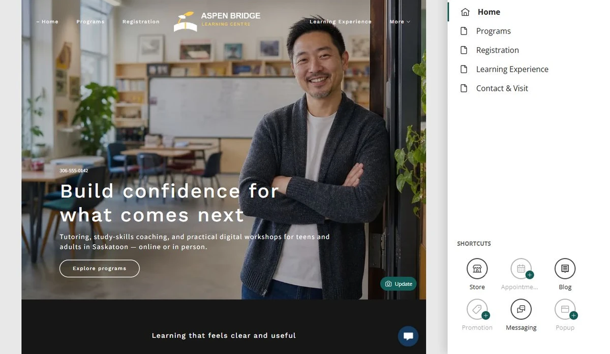 Website Builder page organizer for Aspen Bridge Learning Centre — privacy-cropped excerpt