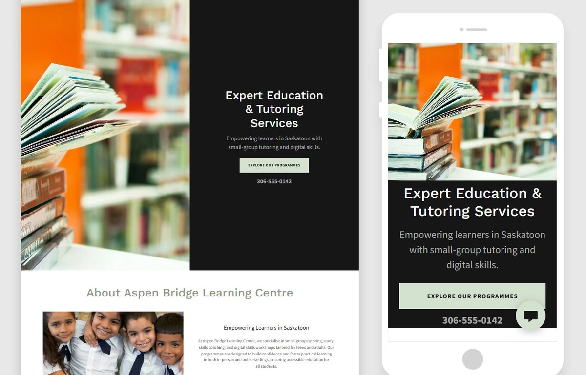 Generated Aspen Bridge Learning Centre starter site in Website Builder — privacy-cropped excerpt