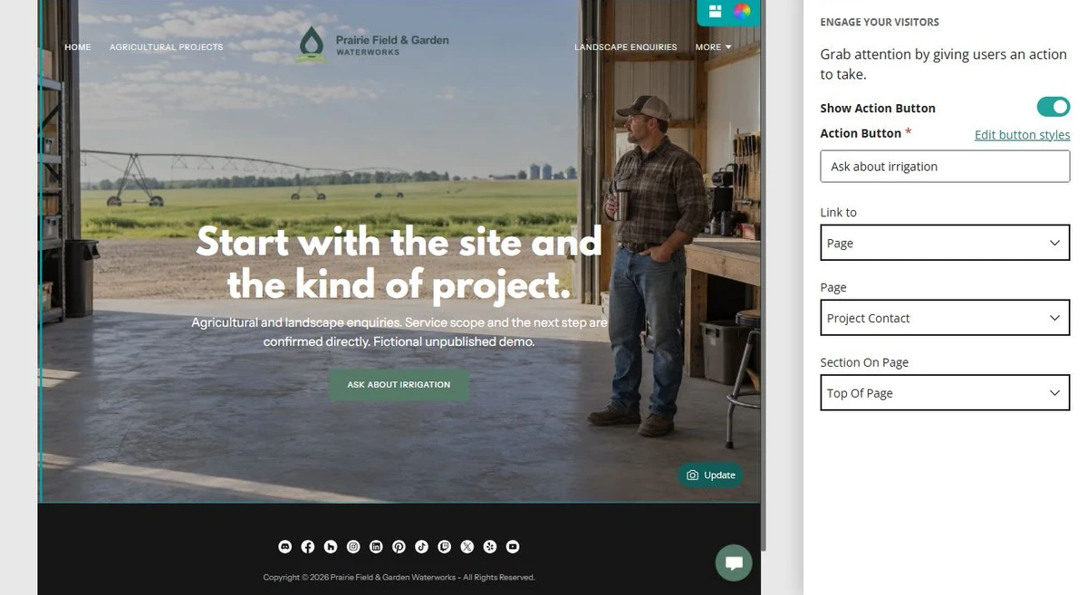 Prairie Field & Garden Waterworks · Home action button — privacy-cropped excerpt