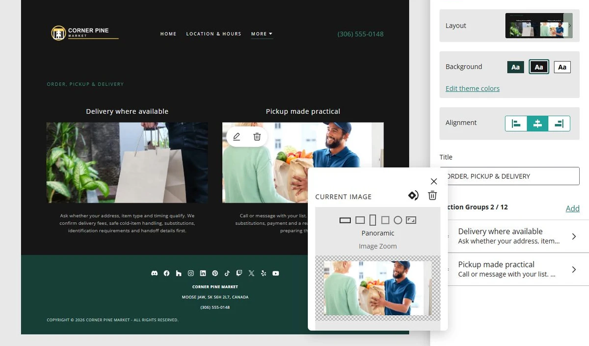 Website Builder image controls for Corner Pine Market — privacy-cropped excerpt