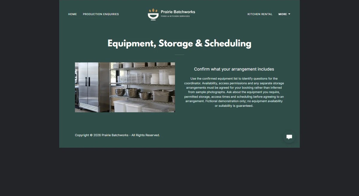 Finished Equipment, Storage & Scheduling example — privacy-cropped excerpt