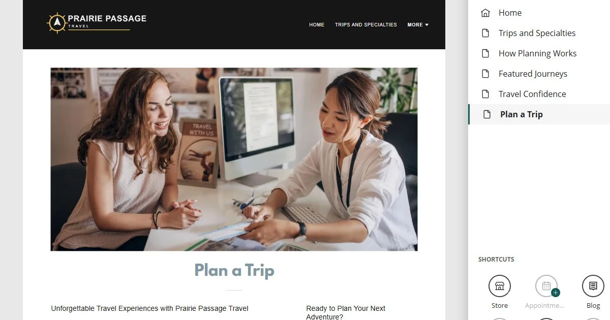 Website Builder editing the Prairie Passage Travel planning page — privacy-cropped excerpt