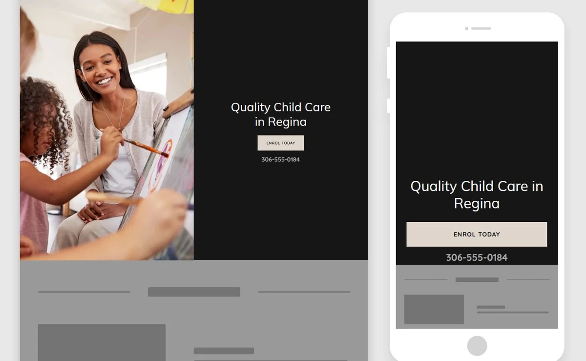 Website Builder creating the first Child Care site in desktop and mobile previews — privacy-cropped excerpt