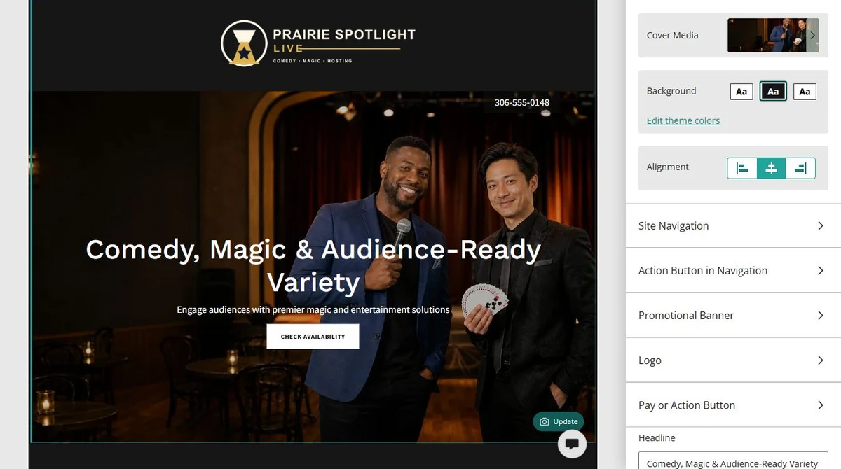 Generated Prairie Spotlight Live starter site in Website Builder — privacy-cropped excerpt