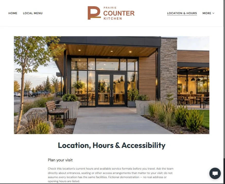 Captured first-screen Location & Hours example — privacy-cropped excerpt