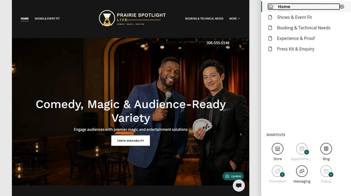 Website Builder editing the Prairie Spotlight Live opening page — privacy-cropped excerpt